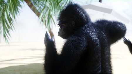 Funny gorillas and monkeys dancing on sunny seaside. Tourism and rest concept. 3d rendering