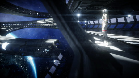 alone astronaut in futuristic space corridor, room. view of the earth. 3d rendering.の写真素材
