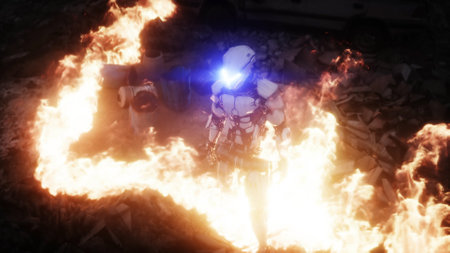 Military robot in a burning ruined apocalyptic city. Armageddon view. Realistic fire simulation. Postapocalyptic.の写真素材