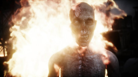 Zombie in a burning ruined apocalyptic city. Armageddon view.の写真素材