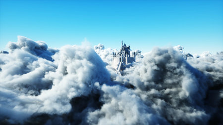 Fairytale palace in clouds. Aerial view. Overclouds. 3d renderingの写真素材