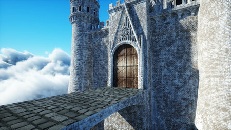 Fairytale palace in clouds. Aerial view. Overclouds. 3d renderingの写真素材