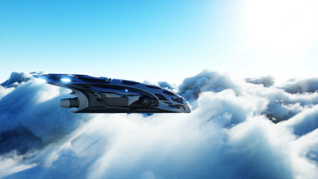 Futuristic sci fi ship flying in the clouds. 3d rendering.の写真素材