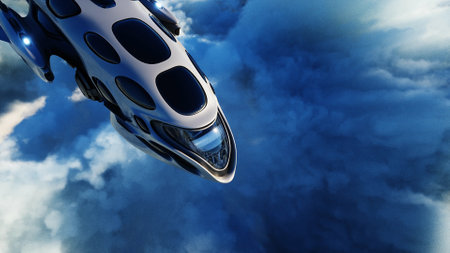 Futuristic sci fi ship flying in the clouds. 3d rendering.の写真素材