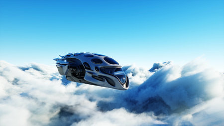 Futuristic sci fi ship flying in the clouds. 3d rendering.の写真素材