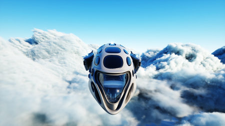 Futuristic sci fi ship flying in the clouds. 3d rendering.の写真素材