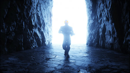Alien, monster with gun in light portal. 3d rendering.の写真素材