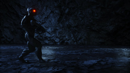 Alien, monster with gun in light portal. 3d rendering.の写真素材