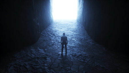 a lonely man stands in front of a light portal. 3d rendering.の写真素材