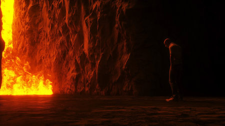 Sinner. A lonely sinfull man stands in front of a hell gates. Hell fire. Religious concept. 3d...