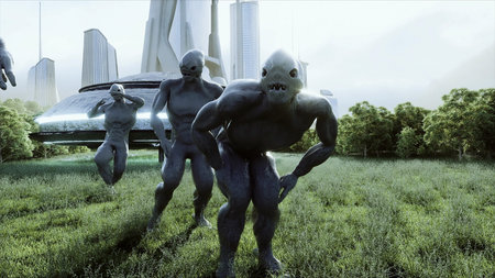 funny aliens dancing in the meadow near the UFO spaceship. 3d rendering.