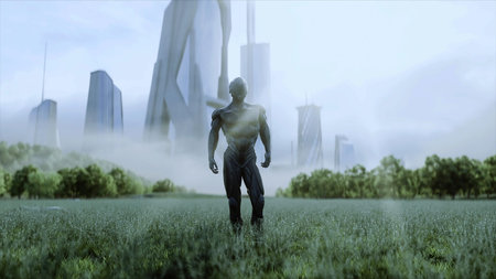 military space soldiers of the future on a green meadow against the backdrop of a futuristic city....