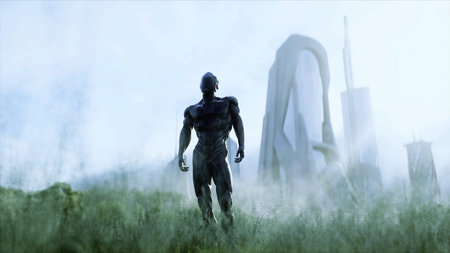 military space soldiers of the future on a green meadow against the backdrop of a futuristic city....