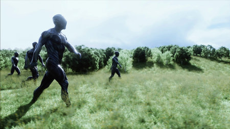 military space soldiers of the future on a green meadow against the backdrop of a futuristic city....
