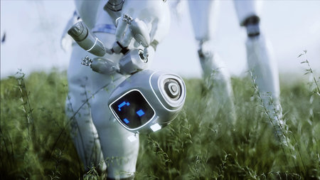 mother robot with her baby robot in the meadow on the background of a futuristic city. Family of the...