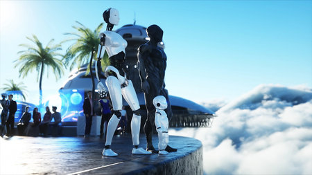 robotic family at a futuristic station in the clouds, against the backdrop of a flying city. Future...