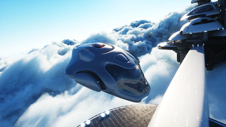futuristic ship lands on futuristic base in the clouds. 3d rendering.