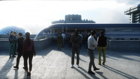 futuristic train station with monorail and train. traffic of people, crowd. Concrete architecture....
