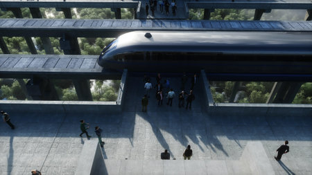 futuristic train station with monorail and train. traffic of people, crowd. Concrete architecture. Future concept. 3d rendering.の写真素材