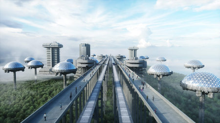 futuristic train station with monorail and train. traffic of people, crowd. Concrete architecture....