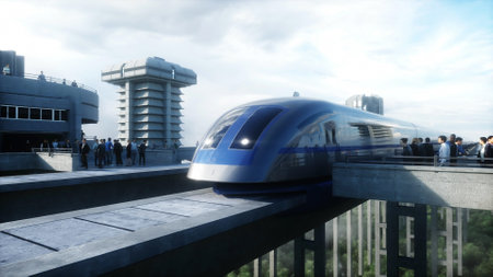 futuristic train station with monorail and train. traffic of people, crowd. Concrete architecture. Future concept. 3d rendering.の写真素材