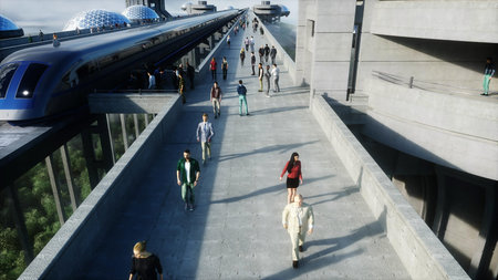 futuristic train station with monorail and train. traffic of people, crowd. Concrete architecture....
