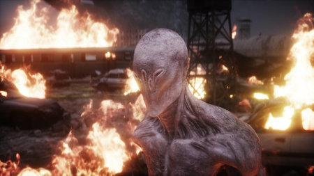 Alien, monster in a burning ruined apocalyptic city. Armageddon view. Realistic fire simulation. 3d...