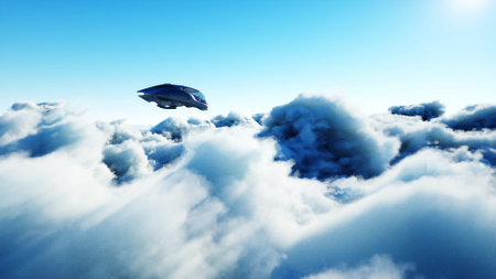 Futuristic sci fi ship flying in the clouds. 3d rendering.の写真素材