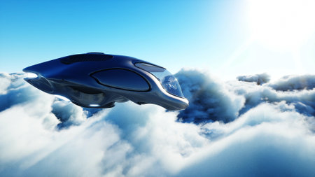 Futuristic sci fi ship flying in the clouds. 3d rendering.の写真素材