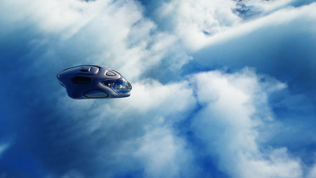 Futuristic sci fi ship flying in the clouds. 3d rendering.