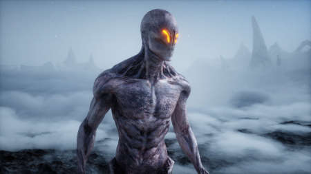 Alien on alien planet. Mars surface. UFO concept. 3d rendering.の写真素材