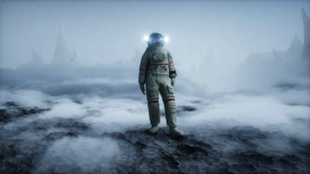 Astronaut on alien planet. Mars surface. Space travel. 3d rendering.の写真素材