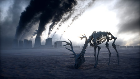 Ecology pollution concept. Dirty dark atmosphere. Deer skeleton. Ecological problem. Factory smoke....