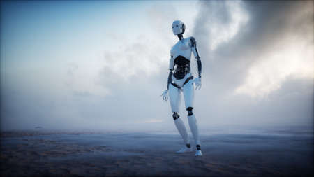 Female robot and futuristic city background. Future concept. 3d rendering.の写真素材