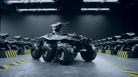 Futuristic military tanks in military base. 3d rendering.の写真素材