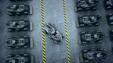 Futuristic military tanks in military base. 3d rendering.