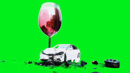 white generic 3d car crashes into alcholol bottle. Sober driver concept. 3d render.の写真素材