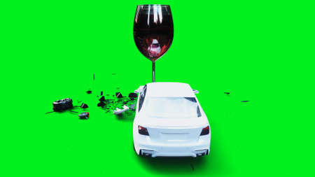 white generic 3d car crashes into alcholol bottle. Sober driver concept. 3d render.の写真素材