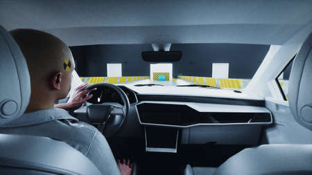 Generic 3d car crash test with people driver. Car destruction. 3d rendering.の写真素材