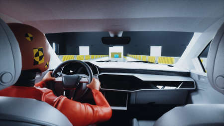 Generic 3d car crash test with crashtest dummy. Car destruction. 3d render.の写真素材