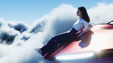 young girl on a flying car in the over clouds. Future concept. 3d rendering.の写真素材