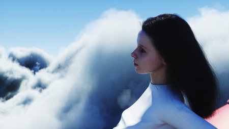 young girl on a flying car in the over clouds. Future concept. 3d rendering.