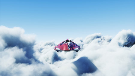 young girl on a flying car in the over clouds. Future concept. 3d rendering.