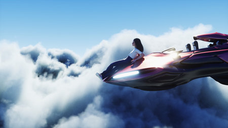 young girl on a flying car in the over clouds. Future concept. 3d rendering.の写真素材