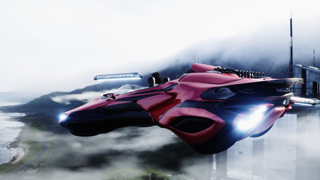 young girl on a flying car in the over clouds. Future concept. 3d rendering.の写真素材