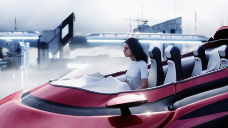 young girl on a flying car in the over clouds. Future concept. 3d rendering.