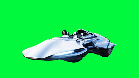 Futuristic sci fi flying car with girl. Green screen isolate. 3d rendering.の写真素材
