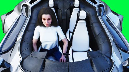 Futuristic sci fi flying car with girl. Green screen isolate. 3d rendering.