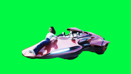Futuristic sci fi flying car with girl. Green screen isolate. 3d rendering.の写真素材