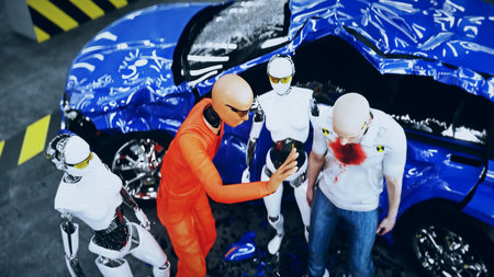 Robot crash test dummy and human. Future concept. 3d rendering.